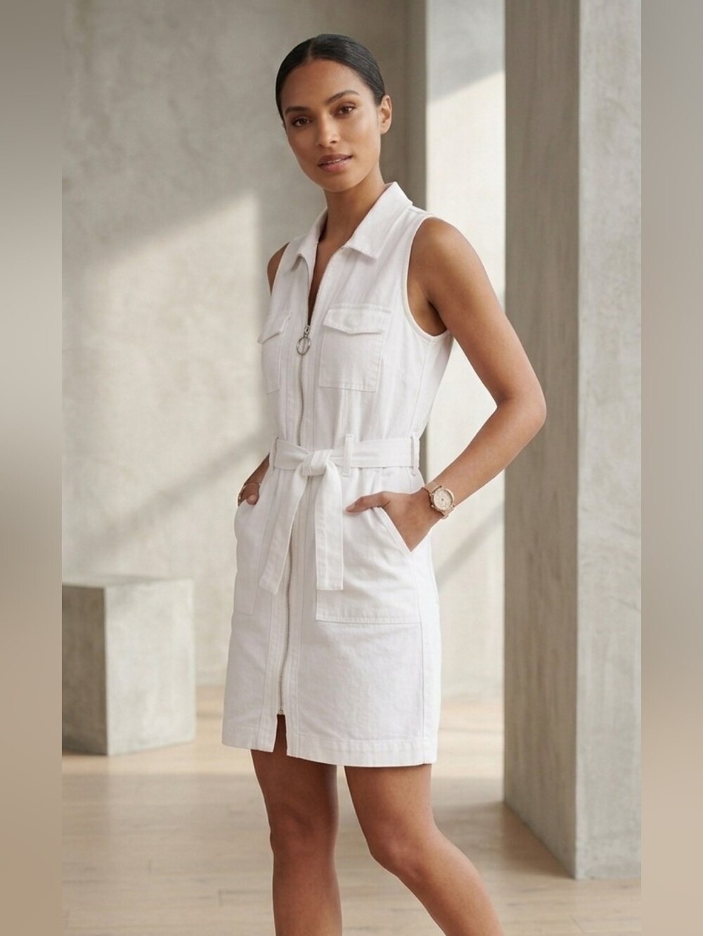 BNWOT Sharagano Linen Zip Front Shirt Dress w/Tie Belt Sz Size 14P